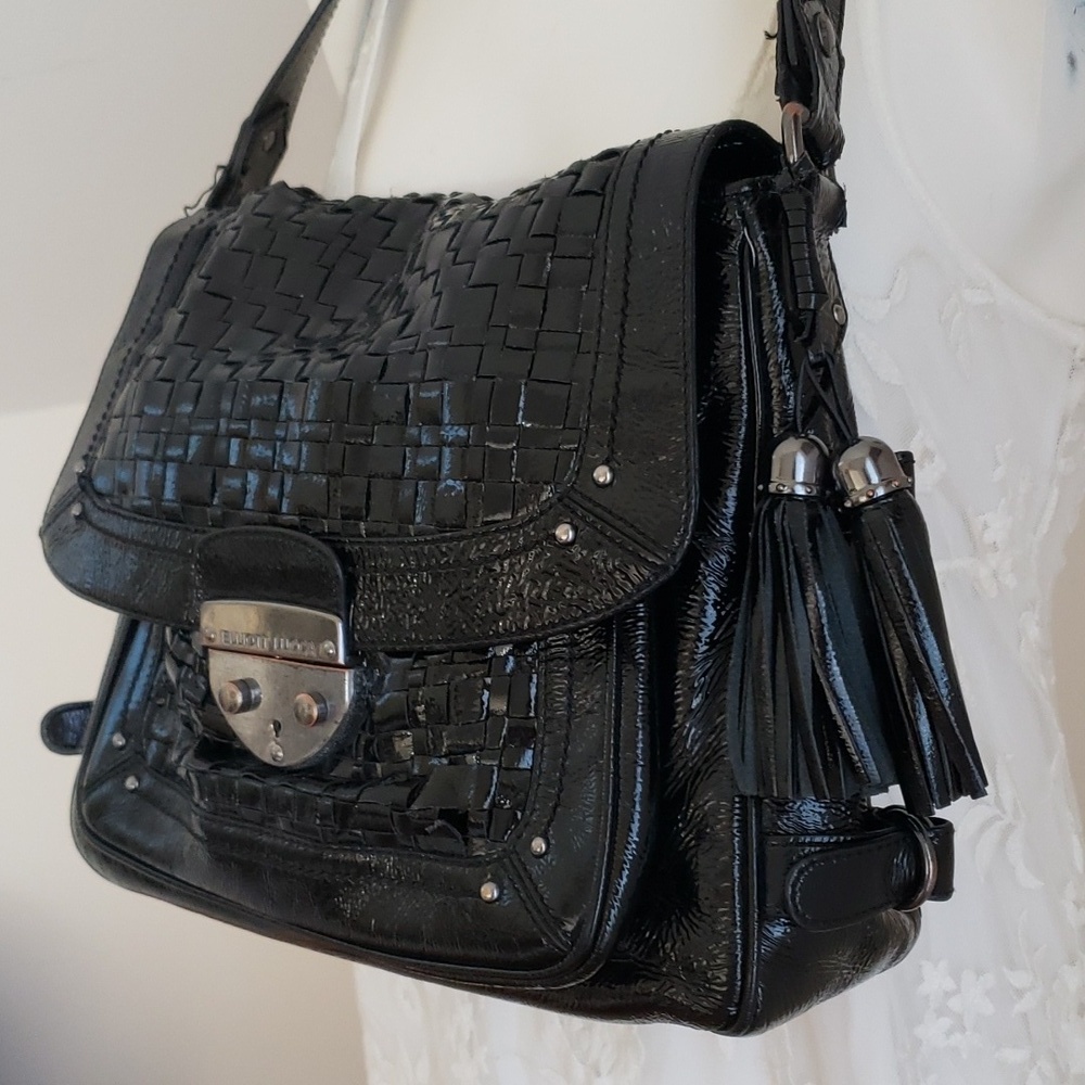 Elliott Lucca Bettina Black Woven Patent Leather Satchel Purse Handbag w/Tassels